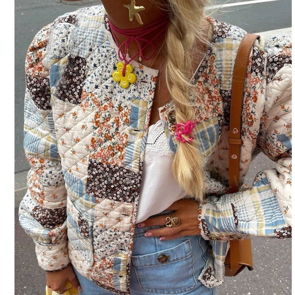 Jackets & Blazers - Cozy Floral Patchwork Print Open Front Quilted Jacket Coat
